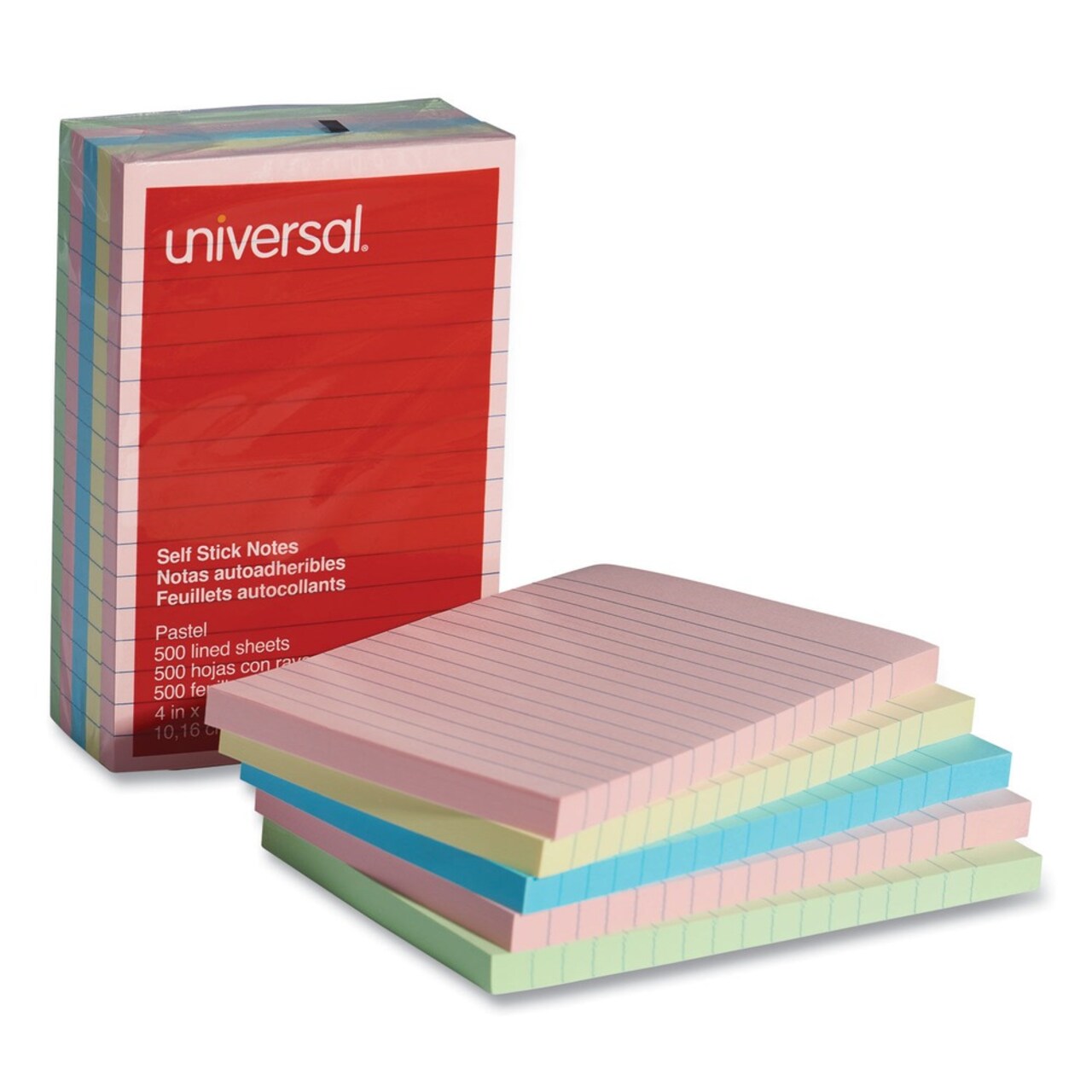 Universal 100 Sheet Lined 4 in. x 6 in. Self-Stick Note Pads - Assorted Pastel Colors (5/Pack)